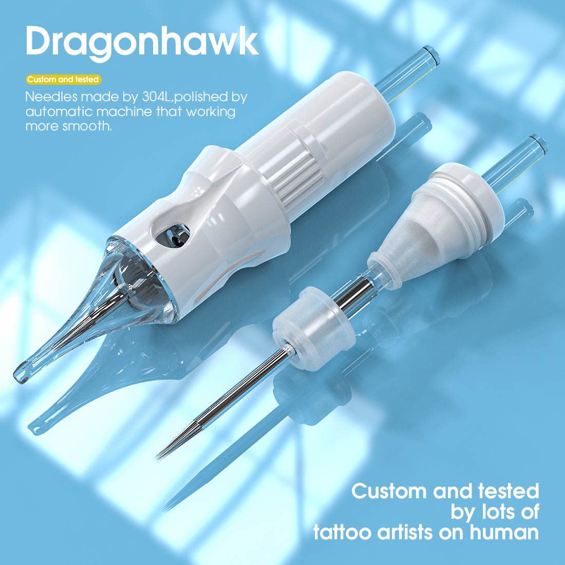 A close-up photograph showcasing a light blue Magnum cartridge by Dragonhawk. The detailed image highlights the precision and quality of the cartridge, ideal for professional tattooing applications.