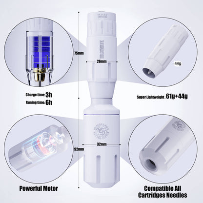 Features and specifications of Dragonhawk S1 Tattoo Machine Pen Starter Kit.