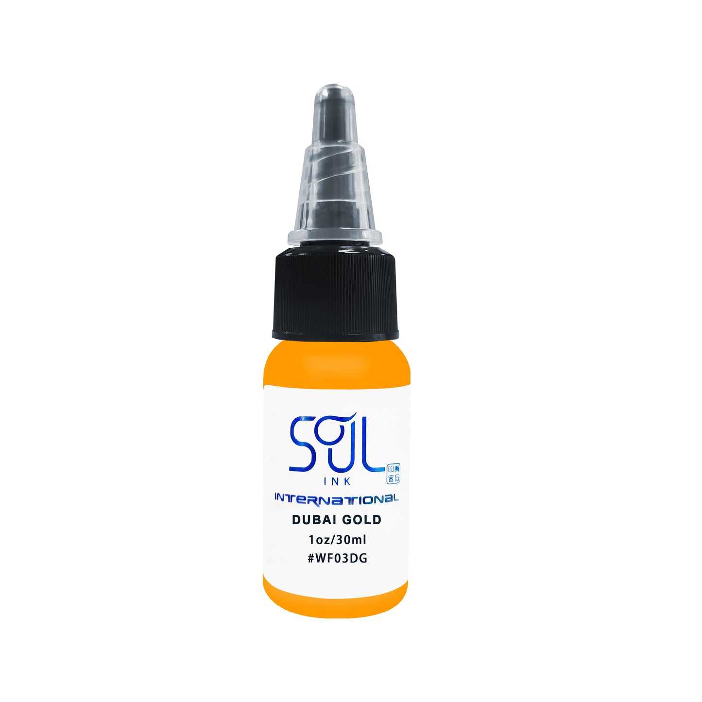 Photograph of a bottle of 'Soul Ink' brand Dubai gold ink. The label prominently displays the brand name 'Soul Ink' in stylish blue typography against a white background. The Dubai gold 30 ml bottle with a white label featuring the brands name 'Soul Ink'. 