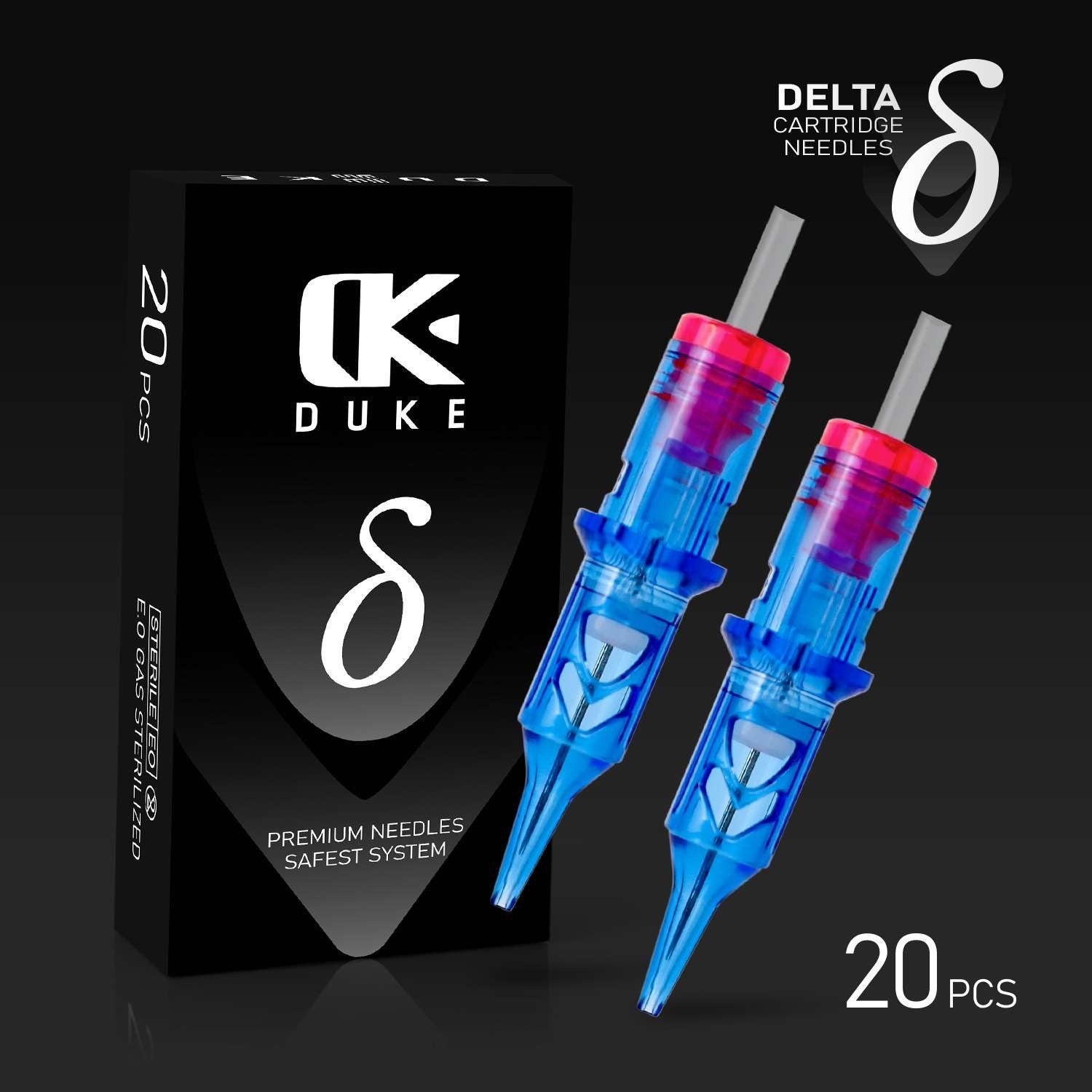 Image of Duke Delta Cartridge Needles packaging showing two colorful cartridge needles alongside a black box labeled "Duke Delta Cartridge Needles" with 20 pieces per pack. The design emphasizes premium needles and the safest system.