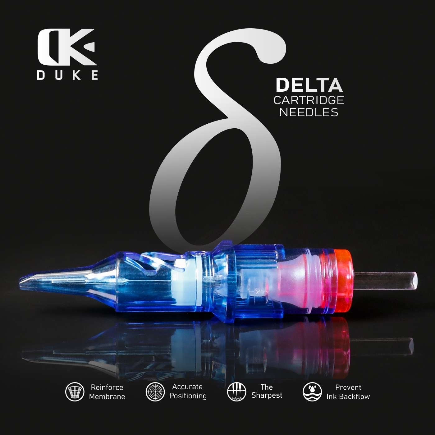 Close-up image of a Duke Delta Cartridge Needle showcasing a transparent blue and red design, with features including a reinforced membrane, accurate positioning, sharp tip, and prevention of ink backflow. The background is dark with branding and design details.