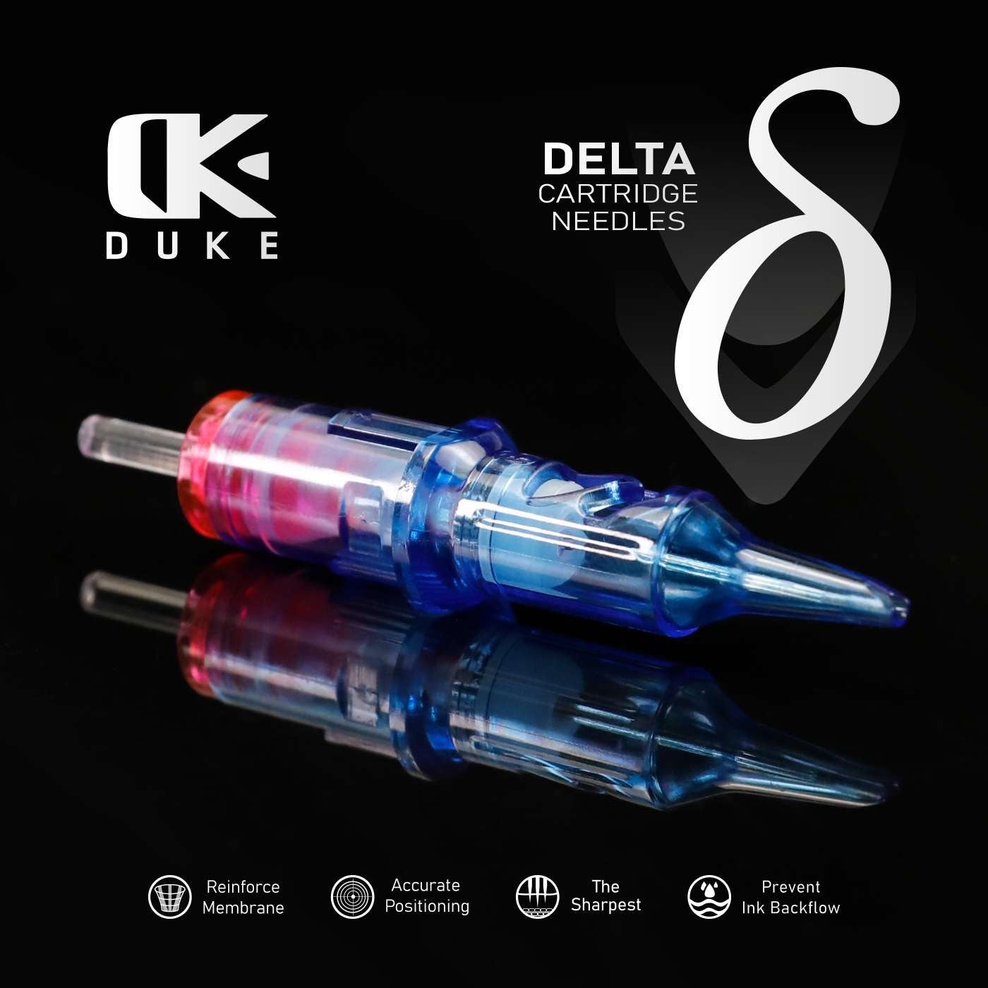 Image of Duke Delta Cartridge Needles featuring a close-up view of a colorful cartridge needle with a reinforced membrane, accurate positioning, sharp tip, and prevention of ink backflow. The background is dark with branding and design elements.