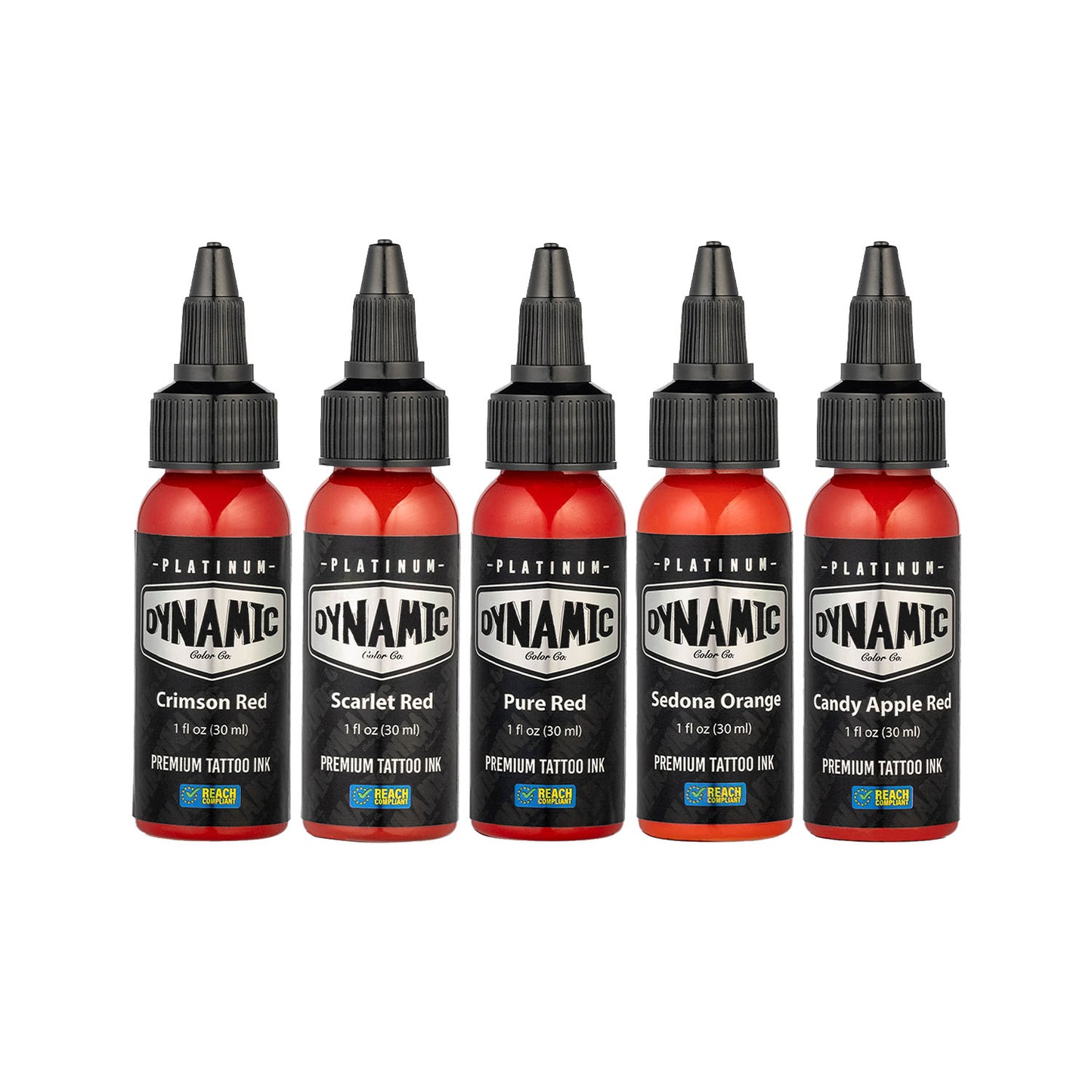 Dynamic Colors Co's Platinum Series Envy is a collection of 5 fiery toned tattoo inks. The Envy set contains