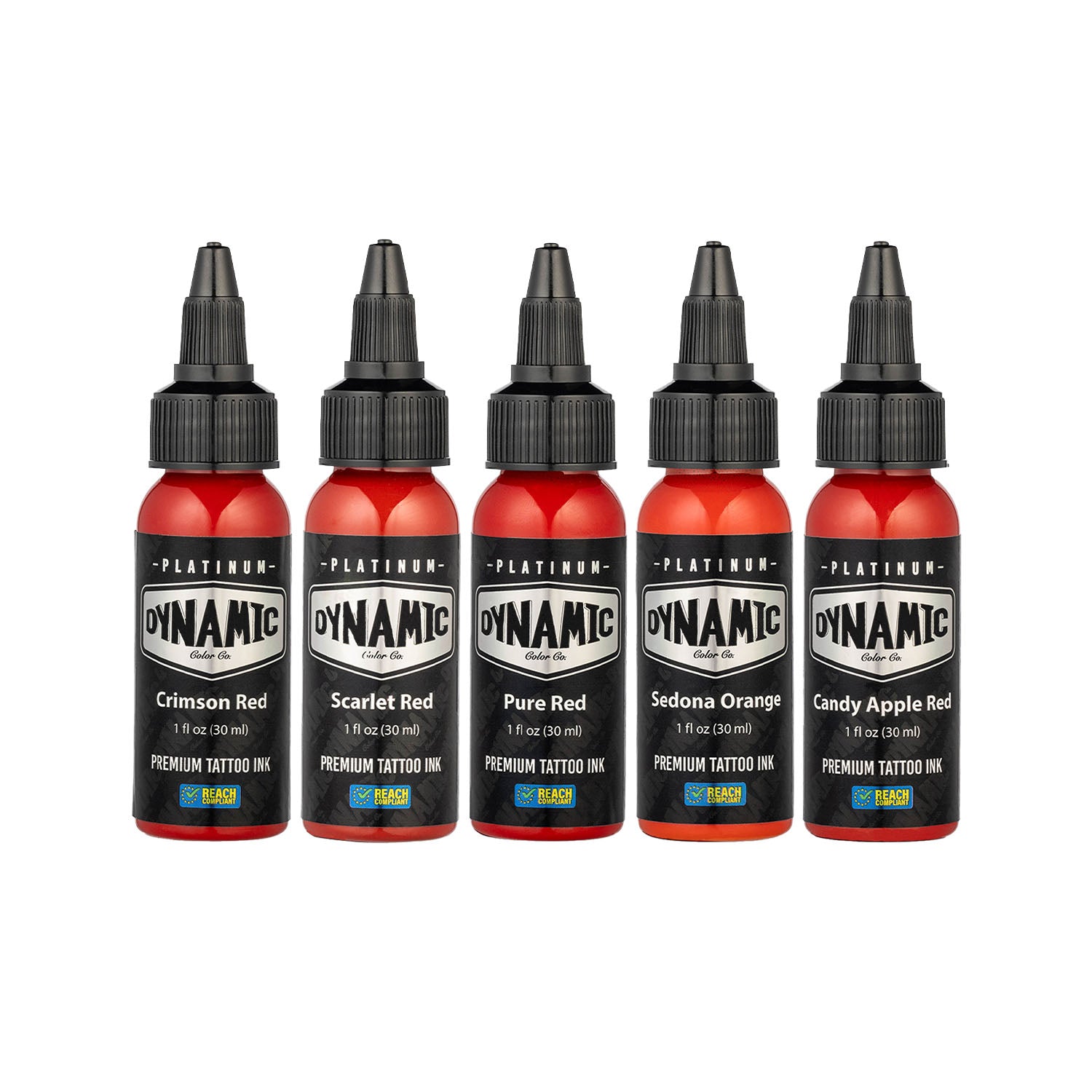 Dynamic Colors Co's Platinum Series Envy is a collection of 5 fiery toned tattoo inks. The Envy set contains