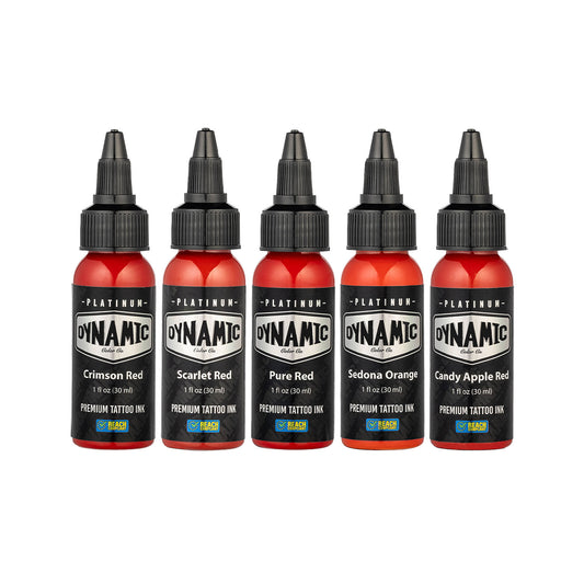 Dynamic Colors Co's Platinum Series Envy is a collection of 5 fiery toned tattoo inks. The Envy set contains