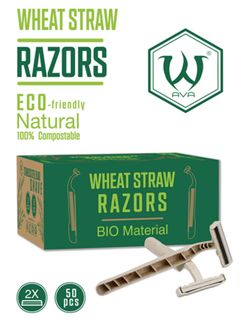 Eco-friendly disposable razors made from biodegradable wheat straw by AVA, 50 pieces, 2-layer blades