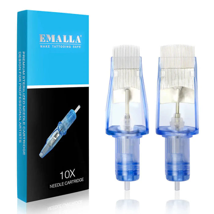  A closer look at Emalla's 10-pack cartridge needles with a focus on the precision tips and innovative design of the blue transparent needle housings.