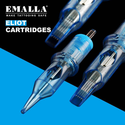 A detailed view of Emalla tattoo cartridge needles in various configurations, showcasing their transparent blue bodies and high-quality design.