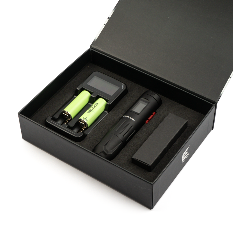 Equaliser Ink Master full kit including the machine, two batteries, charger, and USB-C cable in a premium black box.