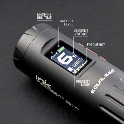 Close-up of the Equaliser Ink Master's LED display showing voltage, mode, and battery levels.