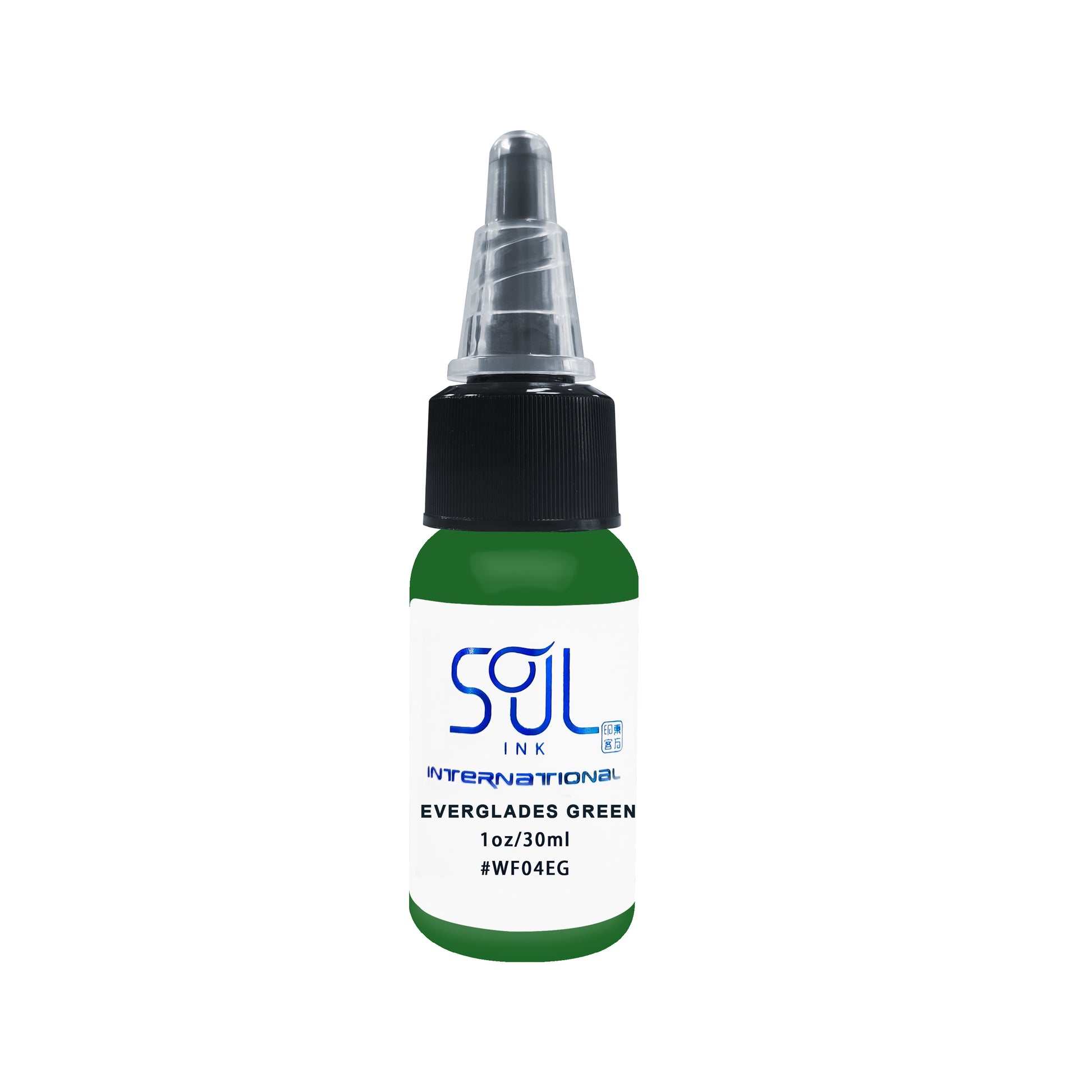 Photograph of a bottle of 'Soul Ink' brand everglades green ink. The label prominently displays the brand name 'Soul Ink' in stylish blue typography against a white background. The everglades green 30 ml bottle with a white label featuring the brands name 'Soul Ink'. 