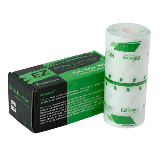 EZ Derm Defender Tattoo Adhesive Protective Shield roll and packaging box, showcasing the protective film for fresh tattoos.