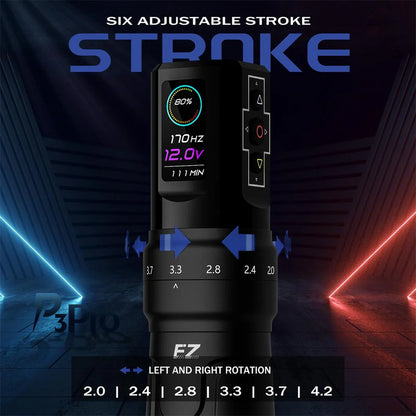 EZ P3 Pro Wireless Tattoo Machine with six adjustable stroke options highlighted on a digital display.