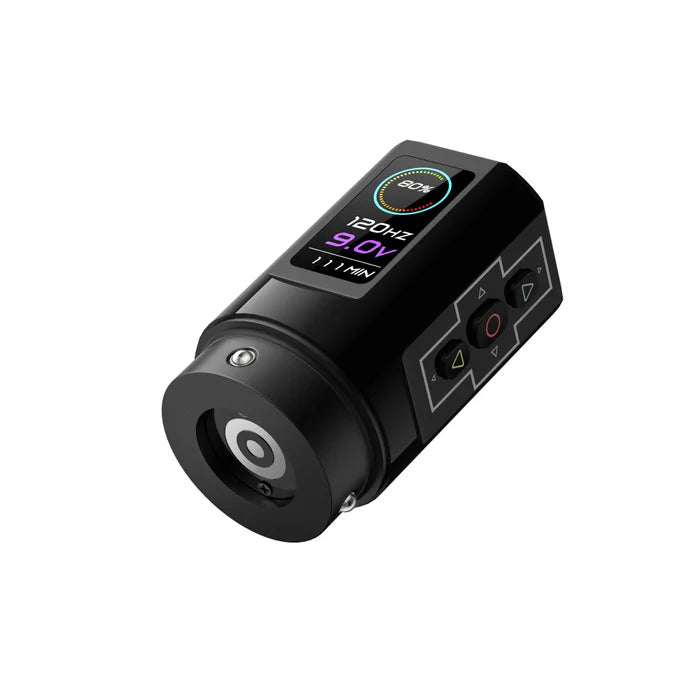 EZ P3 Pro Wireless Tattoo Machine showcasing the OLED digital display and battery information.