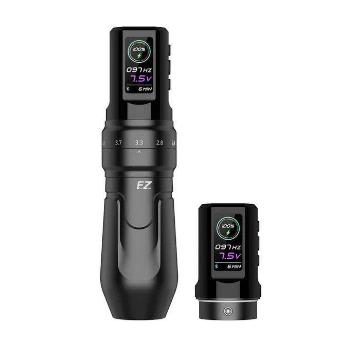 Front view of the EZ P3 Pro Wireless Tattoo Machine with battery pack.