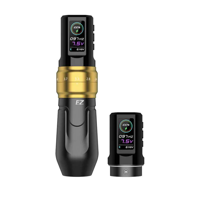 EZ P3 Pro Wireless Tattoo Machine with a gold design, displayed with its battery pack.