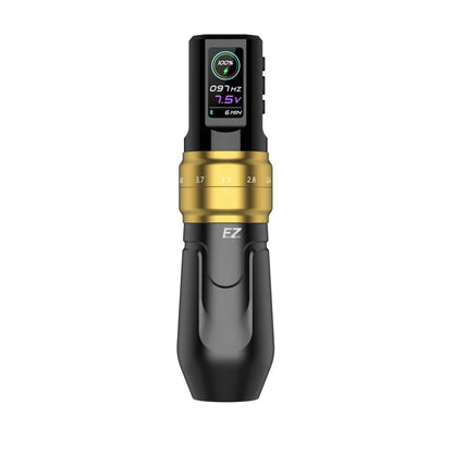 EZ P3 Pro Wireless Tattoo Machine with a gold design, displayed with its battery pack.