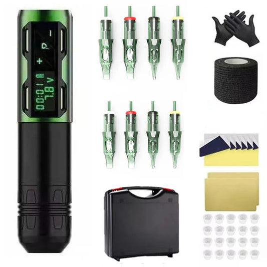 Green EZ Tattoo Starter Kit including a pen machine, cartridge needles, black gloves, grip bandage, transfer paper, practice skins, plastic ink cups, and storage box.