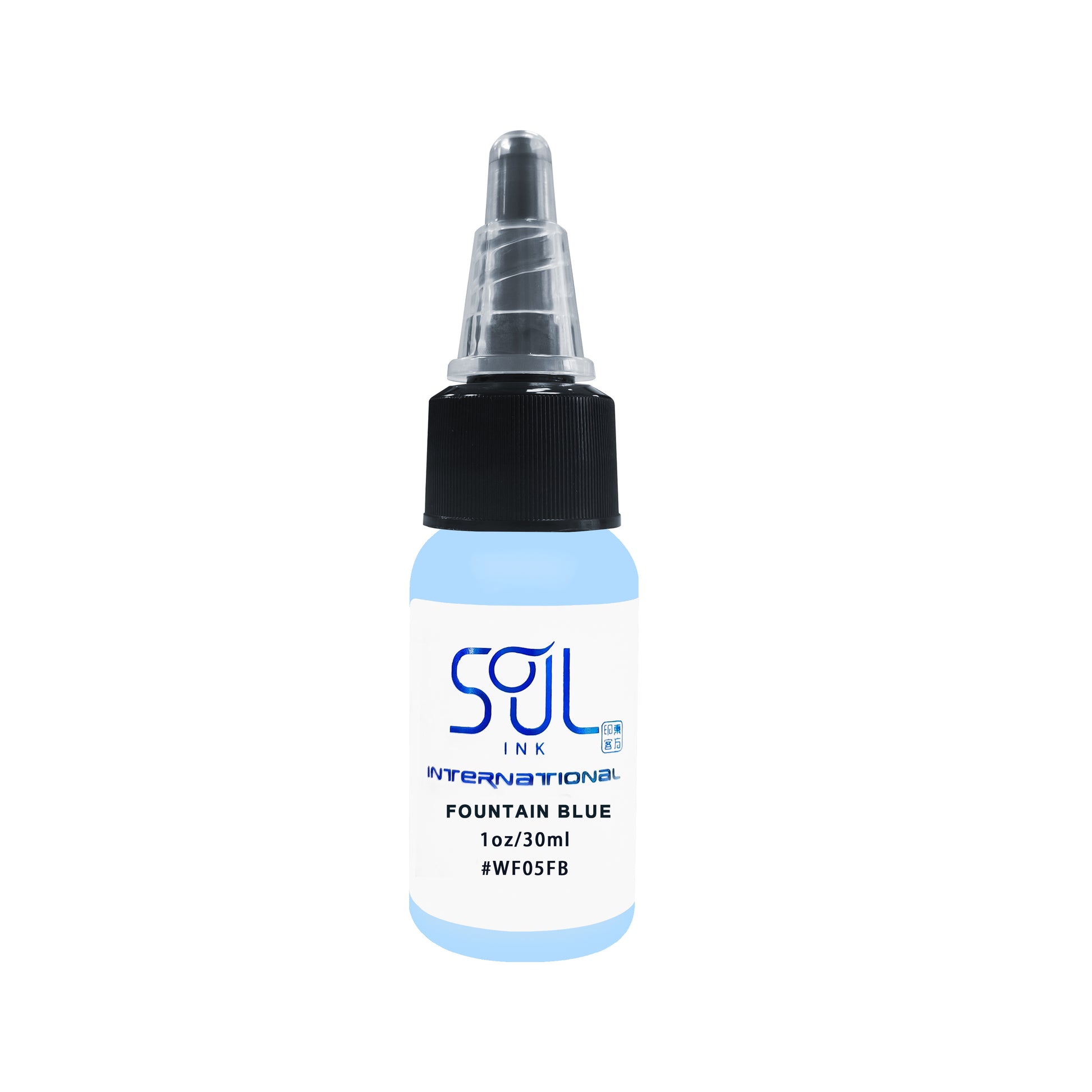 Photograph of a bottle of 'Soul Ink' brand fountain blue ink. The label prominently displays the brand name 'Soul Ink' in stylish blue typography against a white background. The fountain blue 30 ml bottle with a white label featuring the brands name 'Soul Ink'. 