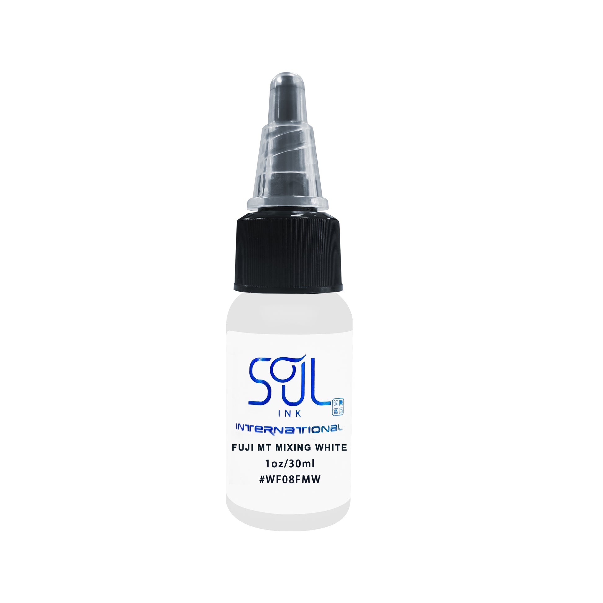 Photograph of a bottle of 'Soul Ink' brand fuji mt mixing white ink. The label prominently displays the brand name 'Soul Ink' in stylish blue typography against a white background. The fuji mt mixing white 30 ml bottle with a white label featuring the brands name 'Soul Ink'. 