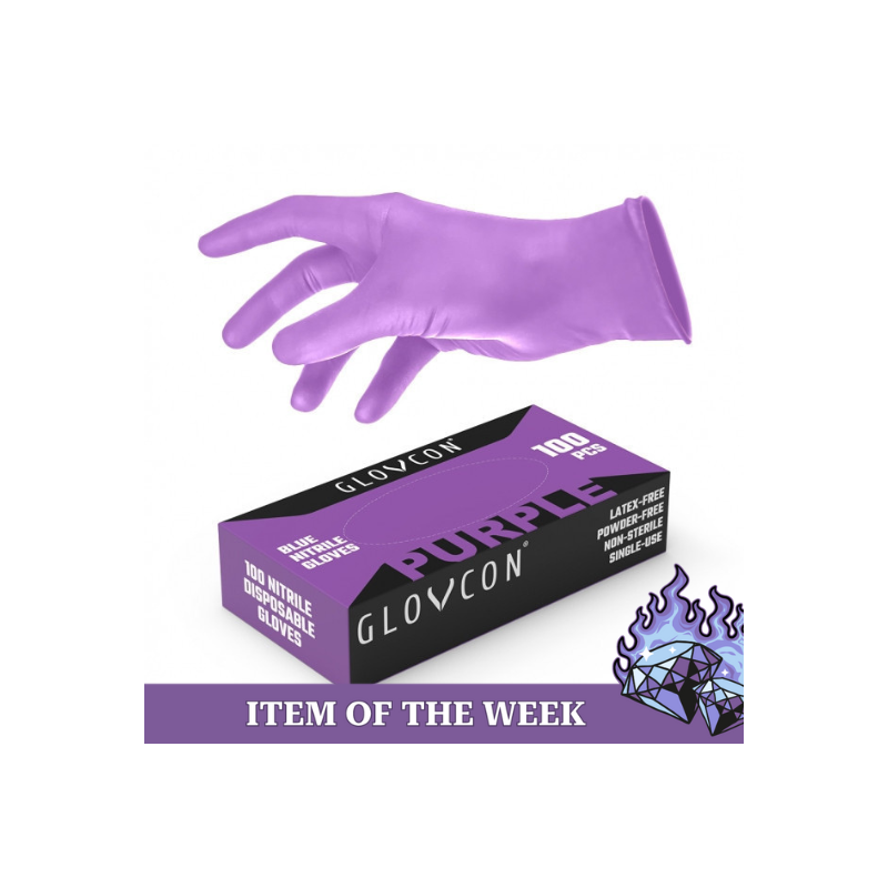 Box of 100 purple Glovcon nitrile gloves for professional use in tattooing, medical, and cosmetic applications.