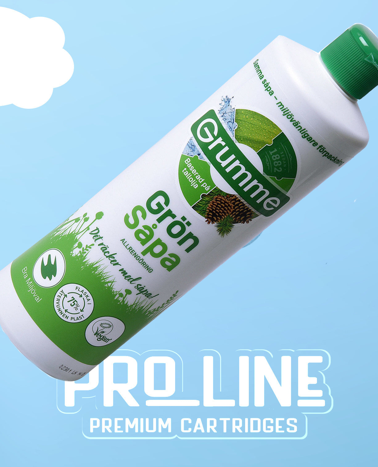 Photograph of Grumme a green universal cleaning soap. The soap is displayed prominently, showcasing its packaging and color.