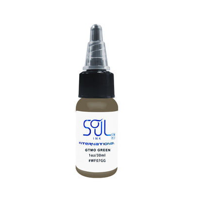 Photograph of a bottle of 'Soul Ink' brand GTMO green ink. The label prominently displays the brand name 'Soul Ink' in stylish blue typography against a white background. The GTMO green 30 ml bottle with a white label featuring the brands name 'Soul Ink'. 