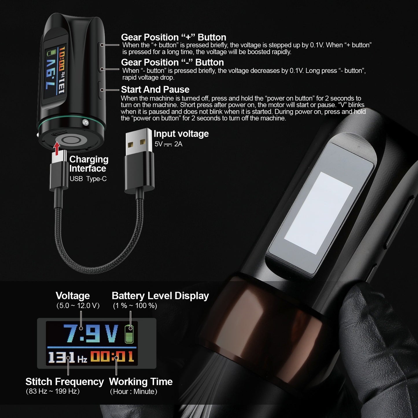 Detailed specifications of the Hawink tattoo machine HW with features highlighted