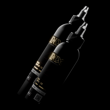 KWADRON INX™ Enriched Black tattoo ink bottles, duo setup, for professional use.