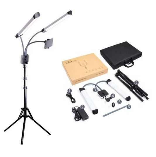 LED dual-arm lamp set showing the components including adjustable LED lights, stand, adapter, and carrying case. Ideal for professional lighting setups.