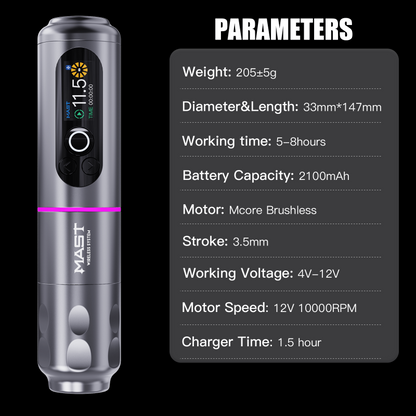 Technical parameters of Mast Archer 2 tattoo pen, including weight, stroke, battery capacity, and motor specifications.