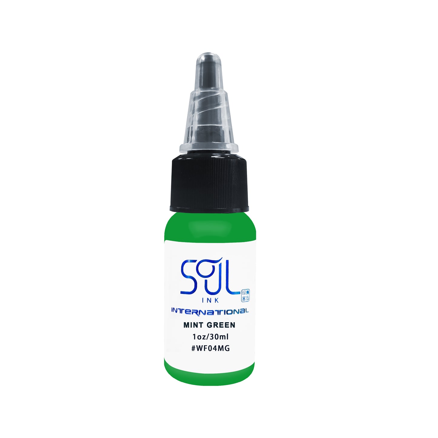 Photograph of a bottle of 'Soul Ink' brand mint green ink. The label prominently displays the brand name 'Soul Ink' in stylish blue typography against a white background. The mint green 30 ml bottle with a white label featuring the brands name 'Soul Ink'. 