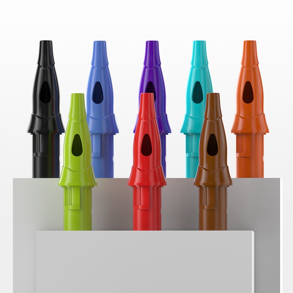 Standing display of Ball Point Cartridge Pens in black, red, blue, orange, green, and brown colors.