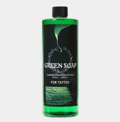 Natural green soap concentrate in a 500ml bottle for professional tattoo care