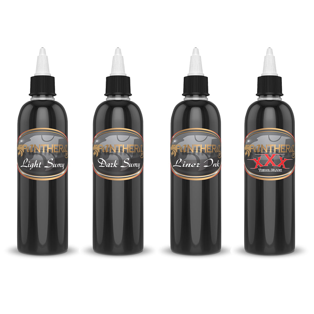 Комплектът PANTHERA FULL BLACK SET е създаден, за да отговори на нуждите на професионалните татуисти, работещи в широк спектър от стилове. Той включва четири вида черно мастило, всяко от които е разработено за специфични цели