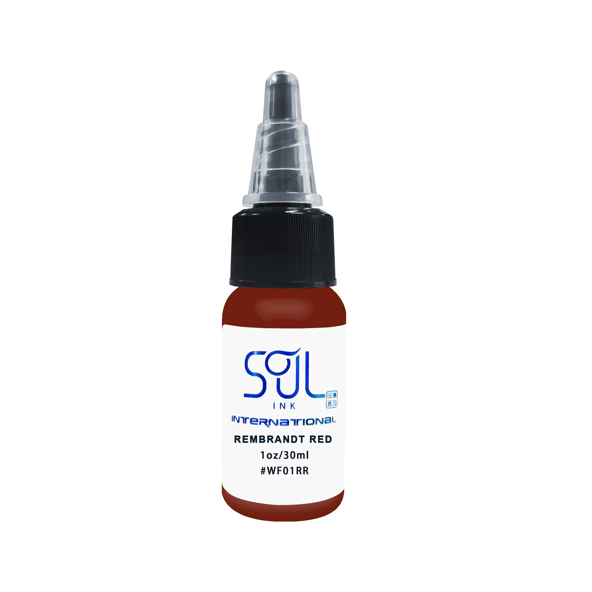 Photograph of a bottle of 'Soul Ink' brand Rembrandt red ink. The label prominently displays the brand name 'Soul Ink' in stylish blue typography against a white background. The Rembrandt red 30 ml bottle with a white label featuring the brands name 'Soul Ink'. 