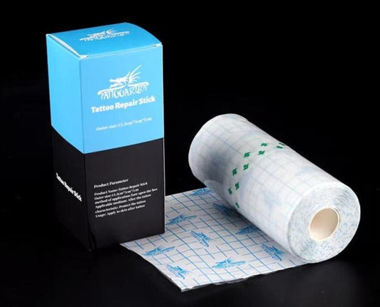 Skin Care Tattoo Film Roll, box packaging showing a 10m x 15cm protective roll, perfect for covering new tattoos.