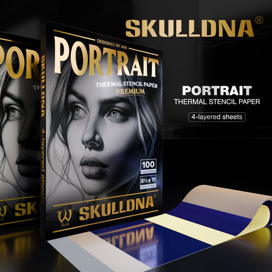 SKULLDNA Portrait Thermal Stencil Paper – premium 4-layer stencil paper for detailed tattoo prints, 100 sheets per box.