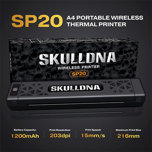 SKULLDNA SP20 portable wireless thermal printer with Bluetooth and Type-C connectivity.