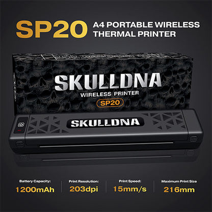 SKULLDNA SP20 portable wireless thermal printer with Bluetooth and Type-C connectivity.