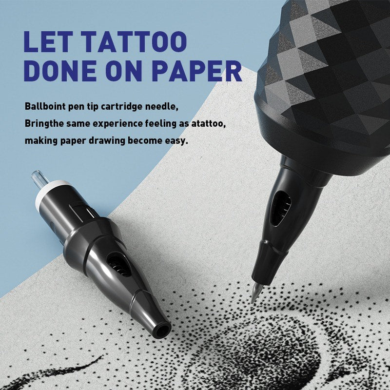 Black Ball Point Cartridge Pens creating intricate dot work on paper for tattoo practice.