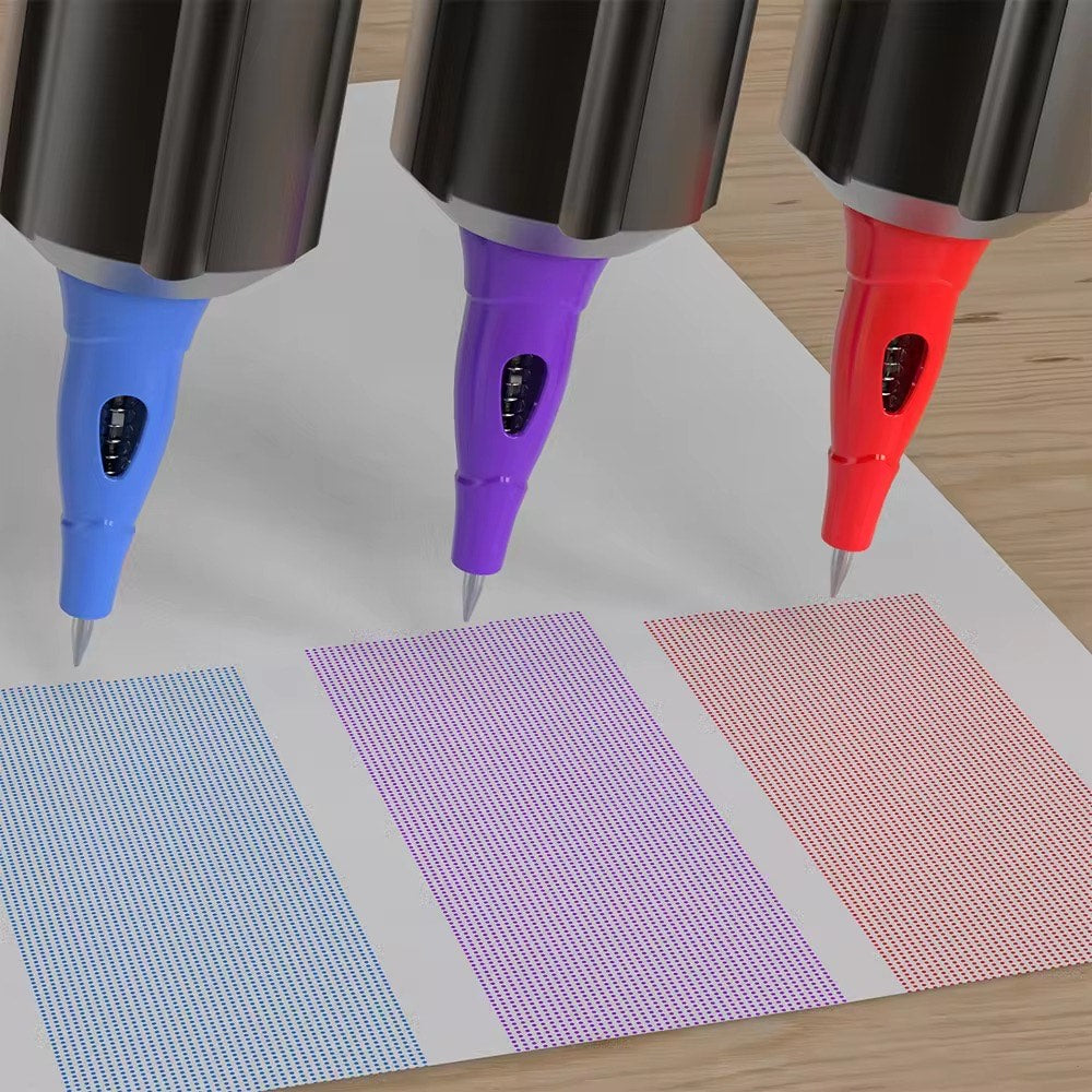 Ball Point Cartridge Pens creating dot art on paper using blue, purple, and red inks for tattoo practice.