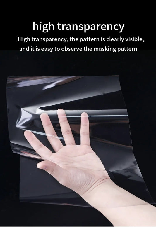 High-transparency tattoo transfer film demonstrating its clarity, allowing precise placement of stencil designs on the skin.