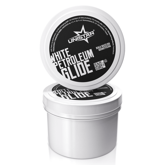 UNISTAR white cosmetic petroleum jelly in a durable jar, perfect for tattoo artists and skincare professionals.

