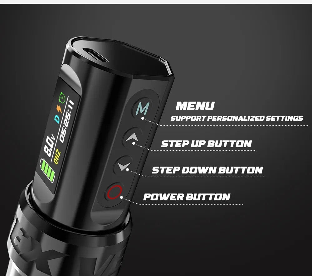 Photograph showing the buttons of a VEX wireless tattoo machine, including the menu button, step up button, step down button, and power button. Each button is labeled accordingly, providing clear navigation and control options.