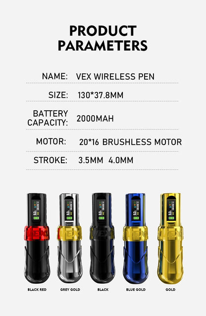 Photograph displaying all five colors of the VEX wireless tattoo pen, including black, gold, grey, blue, and red. The pens are arranged side by side, showcasing the variety of color options available.