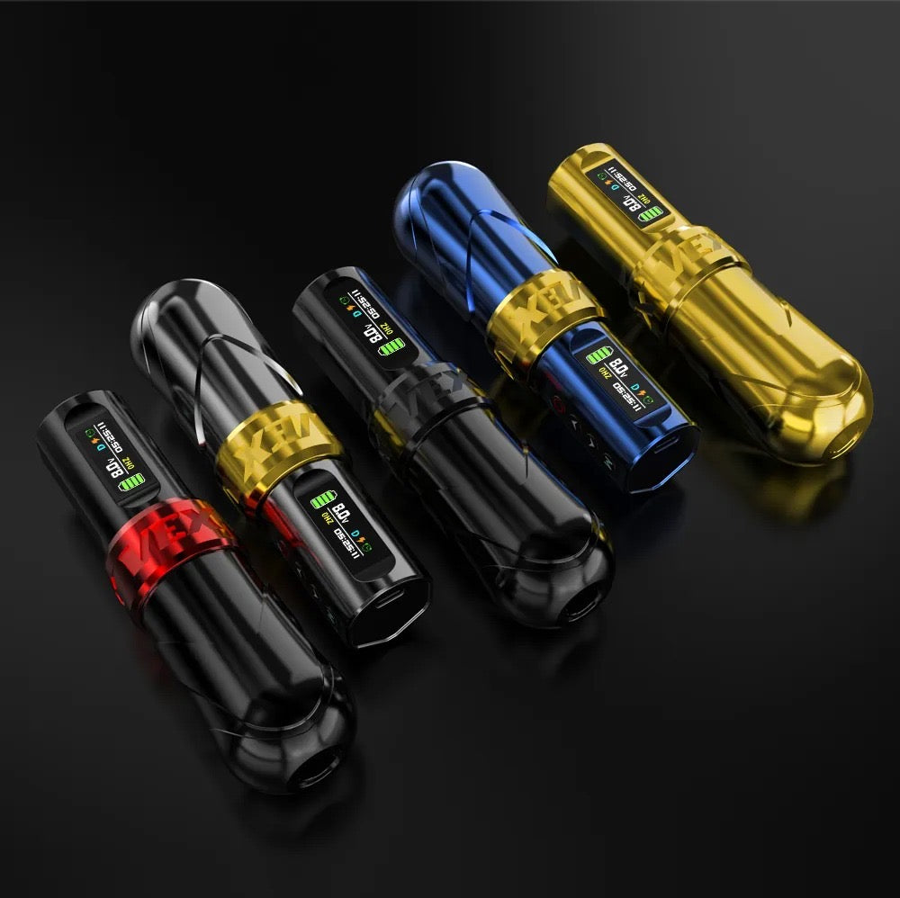 Photograph featuring all five colors of the VEX wireless tattoo pen lying side by side. The pens are arranged in a row, showcasing the variety of color options available.