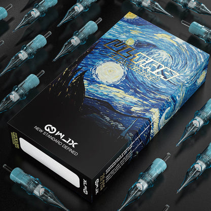 Starry Night-inspired box design featuring premium WJX ULTRA Generation 2 cartridge needles for professional tattoo artists.