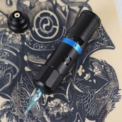 Close-up of the WJX W3 wireless pen tattoo machine showcasing its adjustable stroke feature and ergonomic design.

