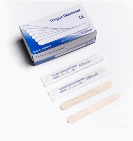 Box of 100 individually wrapped wooden tongue depressors for professional use in tattoo, cosmetic, and medical fields.